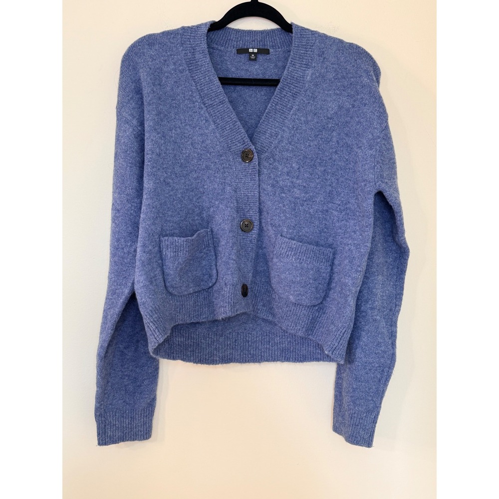 Uniqlo Souffle Yarn V-Neck Cardigan Blue Knit Button Front Sweater XS